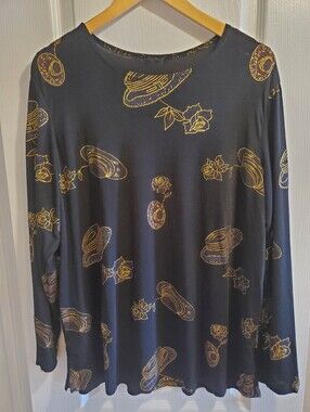 Long-Sleeve Black Top with Gold Floral & Hat Print